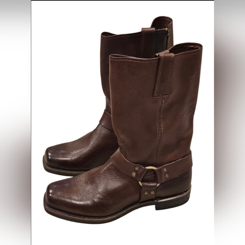 FRYE HARNESS Brown Mid-Calf Leather Boots with Harness Detail